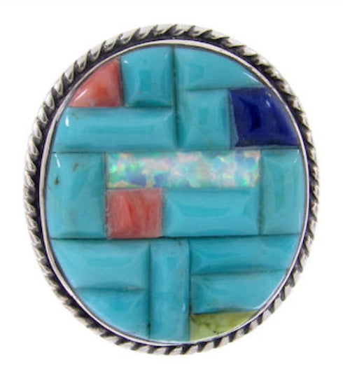 Sterling Silver Turquoise Multicolor Inlay Ring Size 5-3/4 AW68920